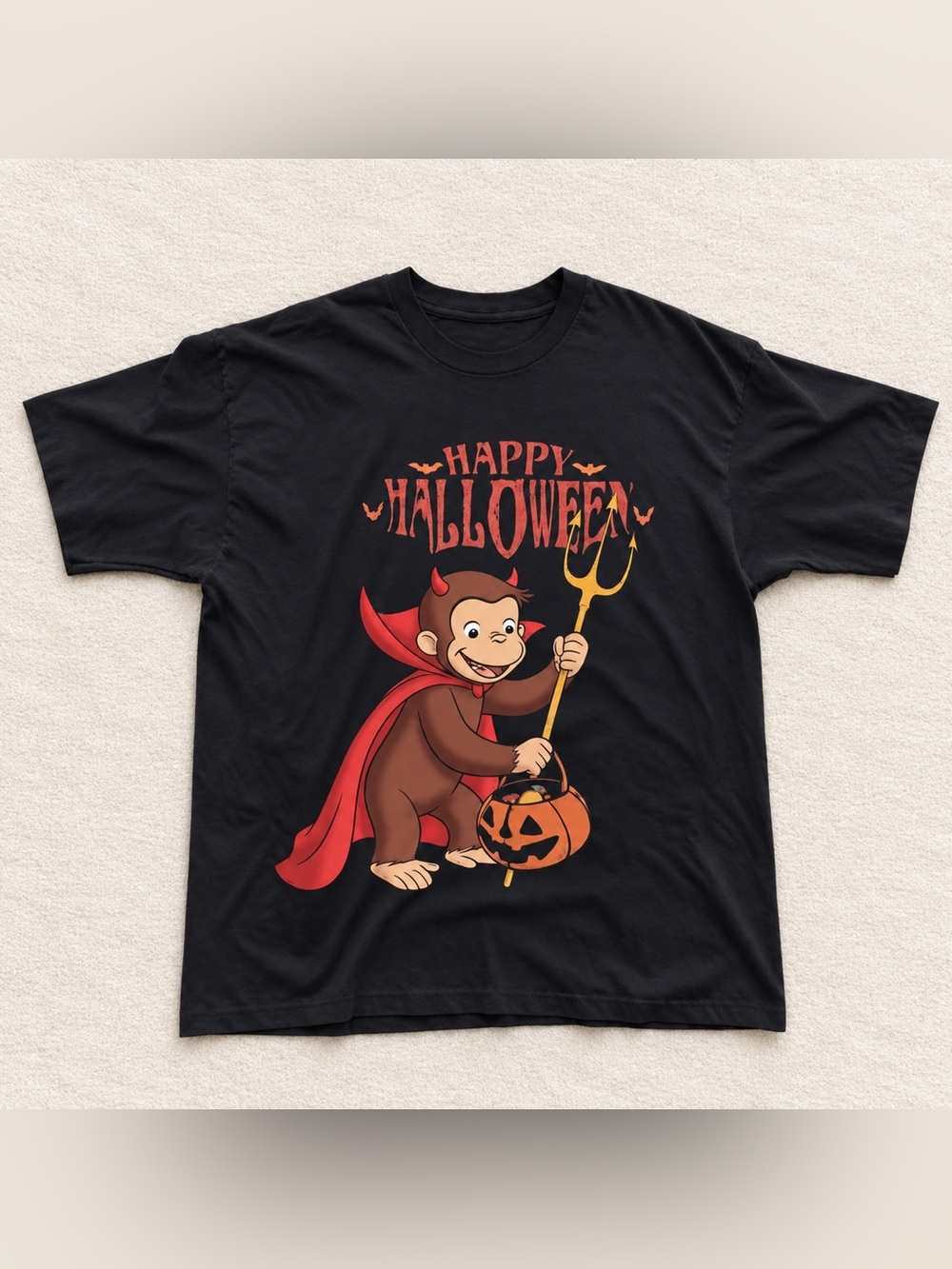 Gildan Reprint Black Tee with Red-Caped Monkey Halloween Graphic